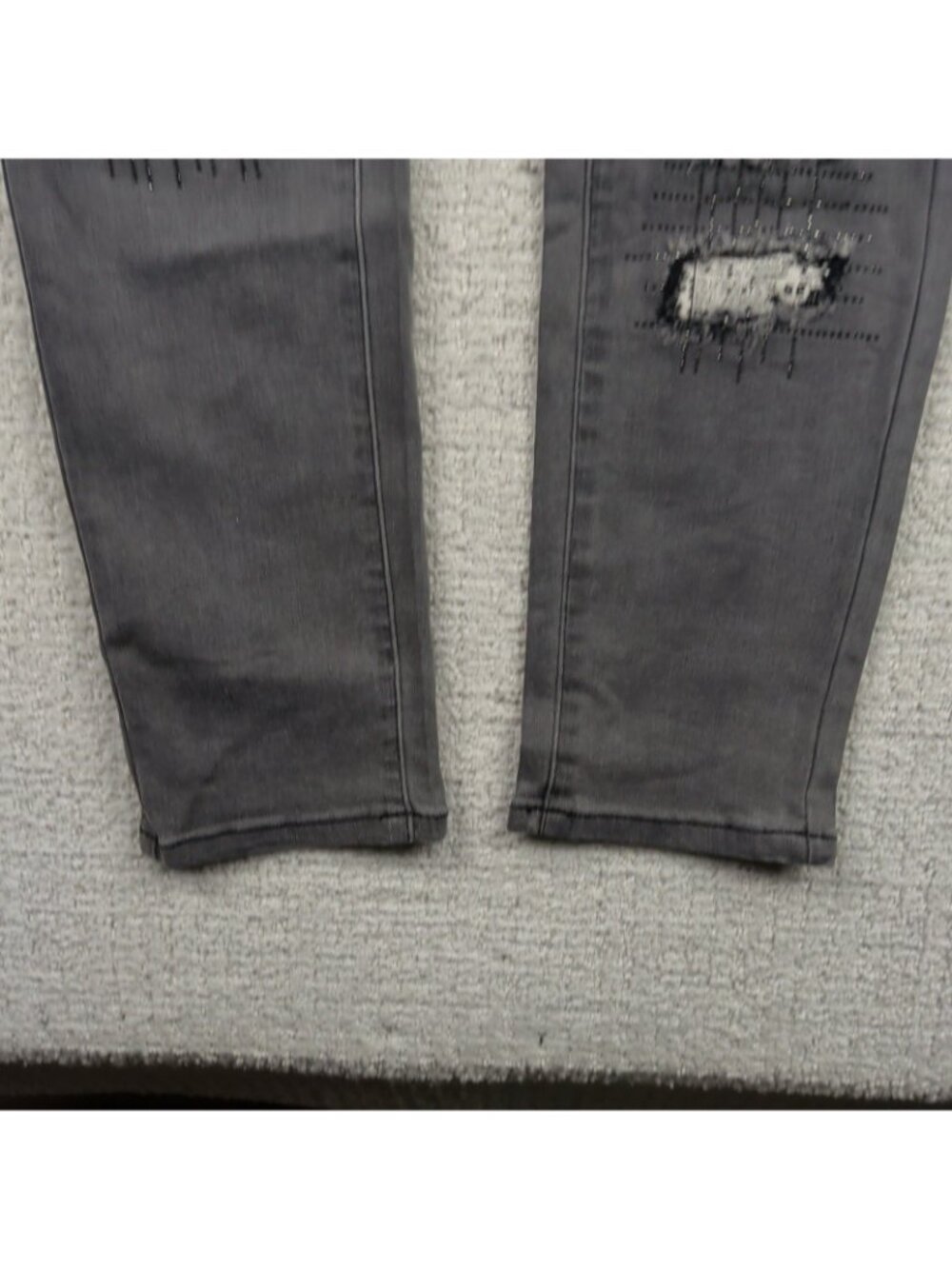 Joseph Ribkoff Dark Gray Distressed Patchwork Rhinestone Jeans Grunge Alt Read - Picture 4 of 9